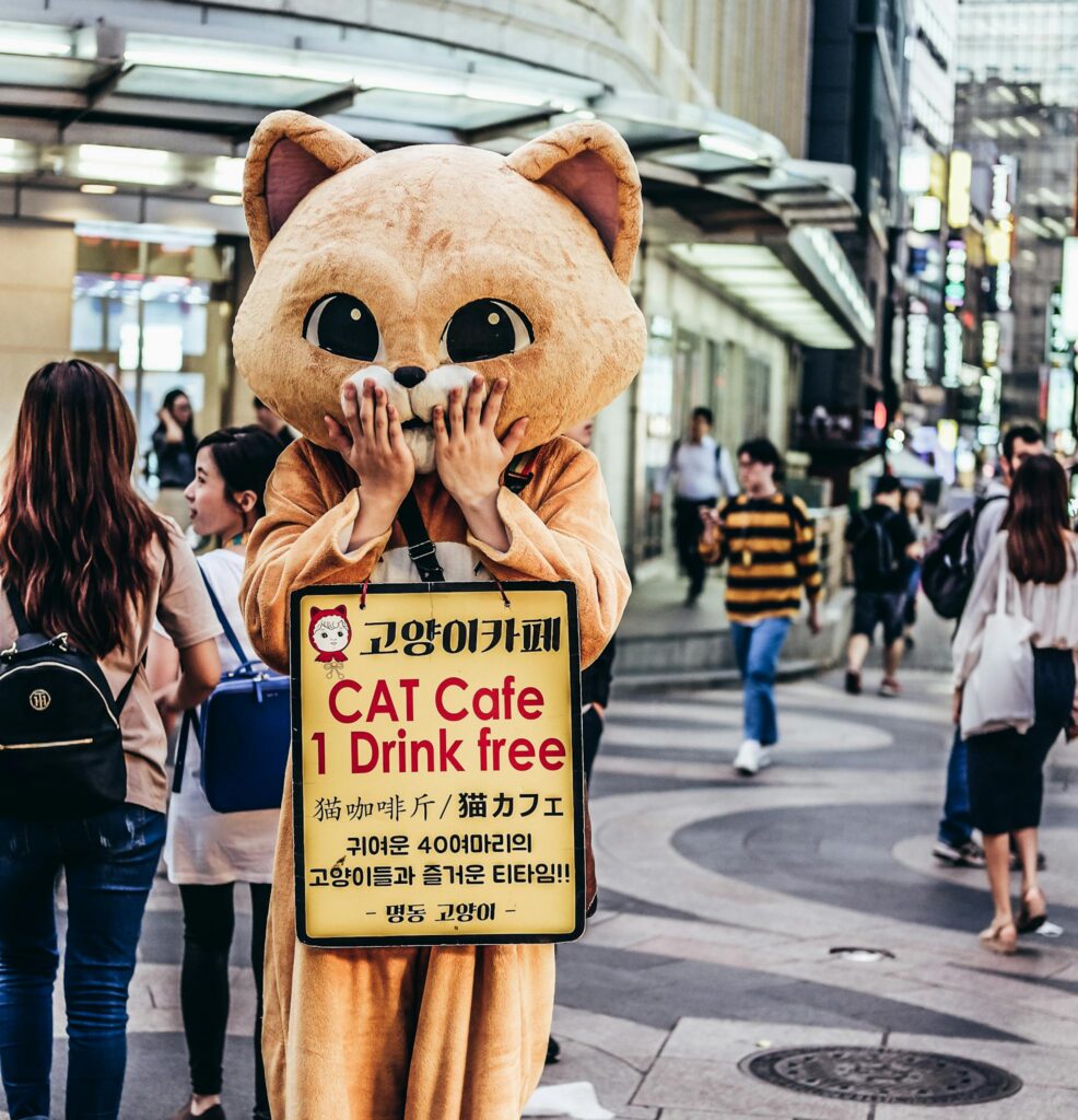 Cat mascot promoting a cat cafe on a bustling city street, engaging with pedestrians.